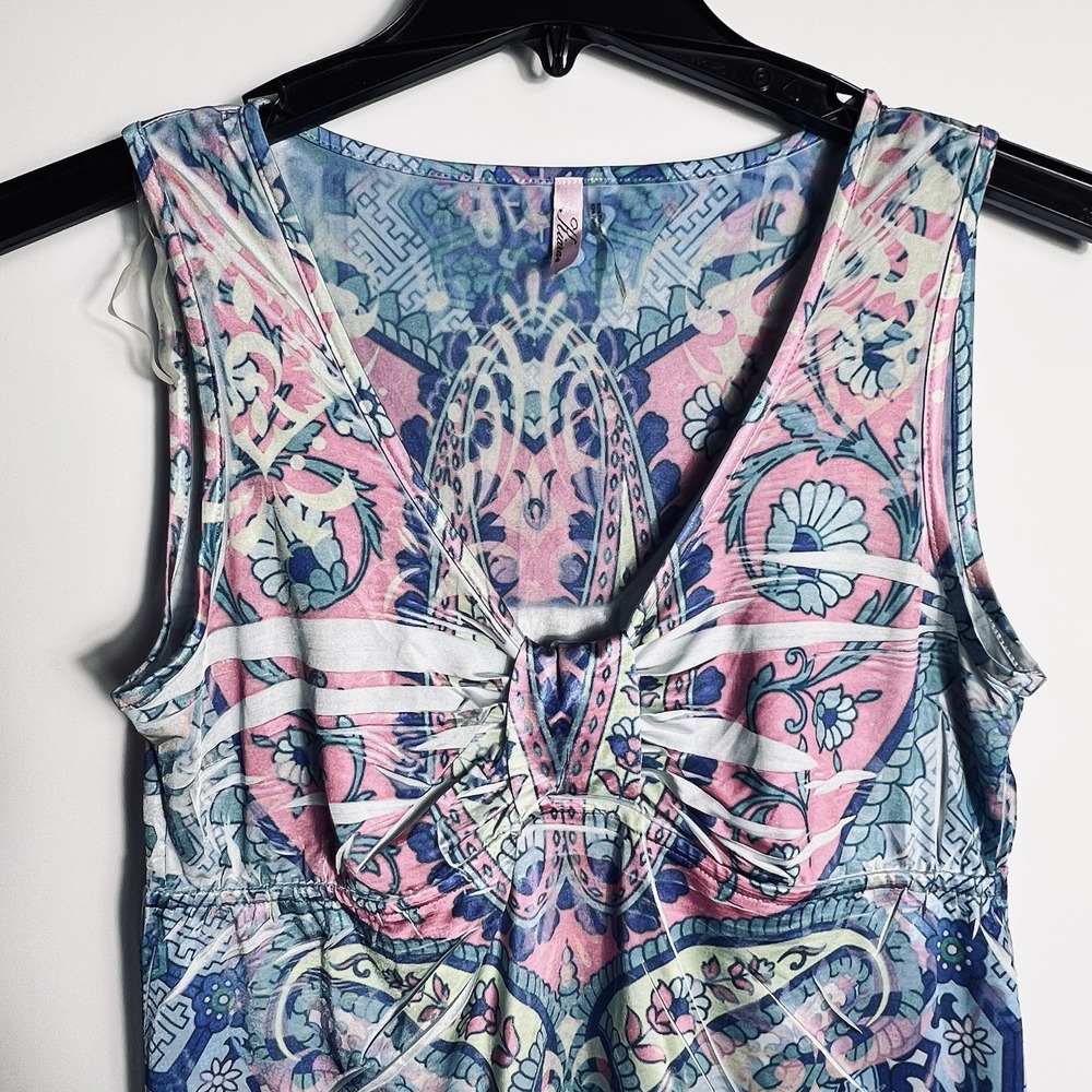 Kiara Dress Womens Lg Pink Blue Paisley Sleeveless Boho Stretch Satiny Feel Knit